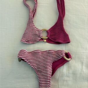CLEONIE Pink Stripe Ring-Detail Bikini Set